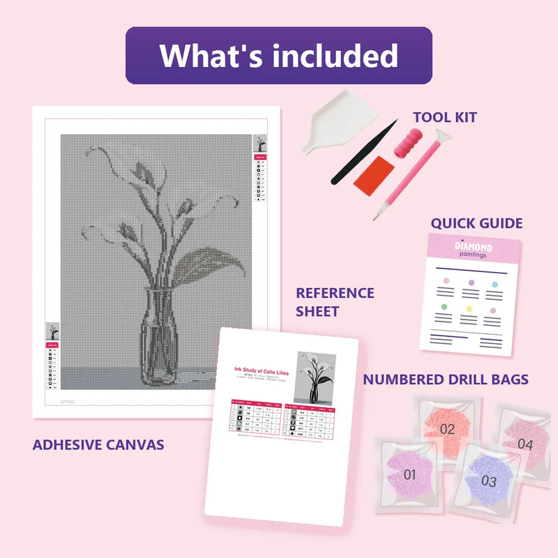 What is included in the Ink Study of Calla Lilies diamond painting kit - adhesive canvas, reference sheet, tools and numbered drill bags