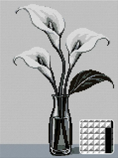 black-and-white ink-style calla lilies, 30x40 cm diamond painting – design and close-up of square drills