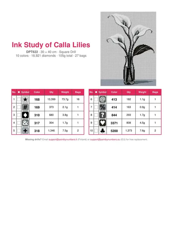 DMC color chart for Ink Study of Calla Lilies diamond painting - 10 colors