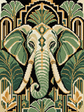 Miniatyrbild: Ett elefanthuvud i en dekorativ art deco-ram med geometriska former och blad