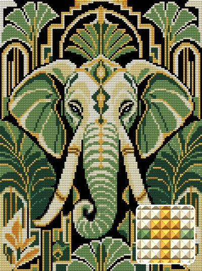 Ivory Trunk Art Deco, 30x40 cm diamond painting – finished design preview with a close-up of square drills