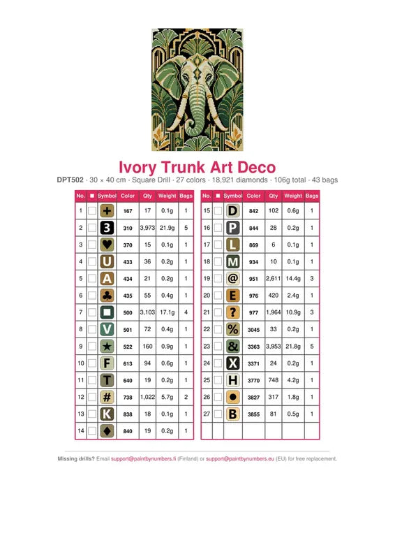 DMC color chart for Ivory Trunk Art Deco diamond painting - 27 colors