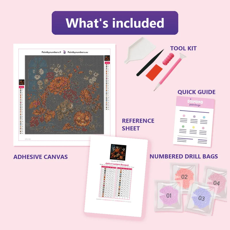 What is included in the Jack-o'-Lantern Bouquet diamond painting kit - adhesive canvas, reference sheet, tools and numbered drill bags