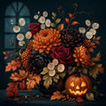 Thumbnail for Diamond Painting of an autumn floral arrangement and jack-o’-lantern on a dark background.