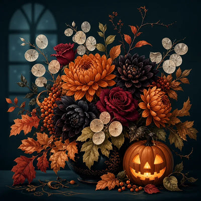 Diamond Painting of an autumn floral arrangement and jack-o’-lantern on a dark background.