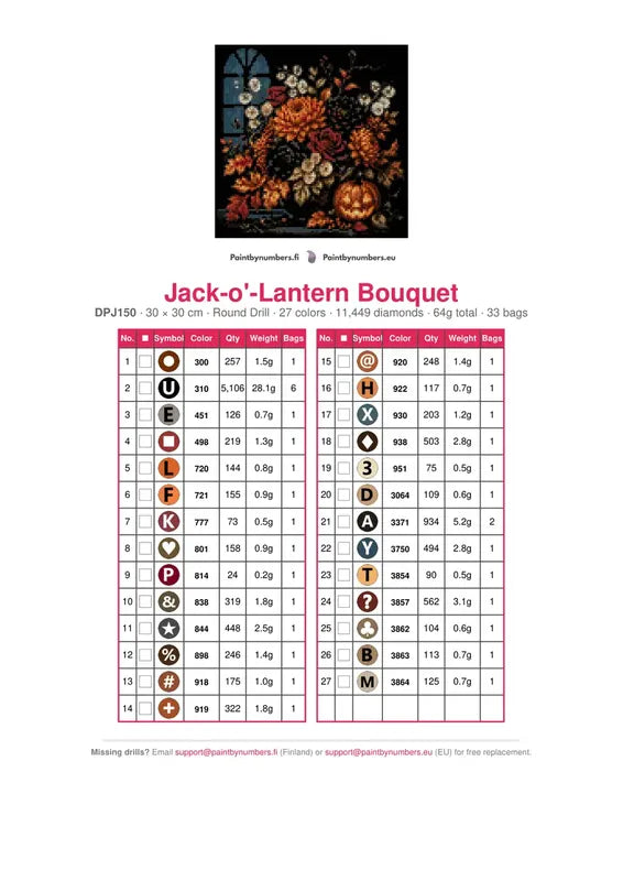 DMC color chart for Jack-o'-Lantern Bouquet diamond painting - 27 colors