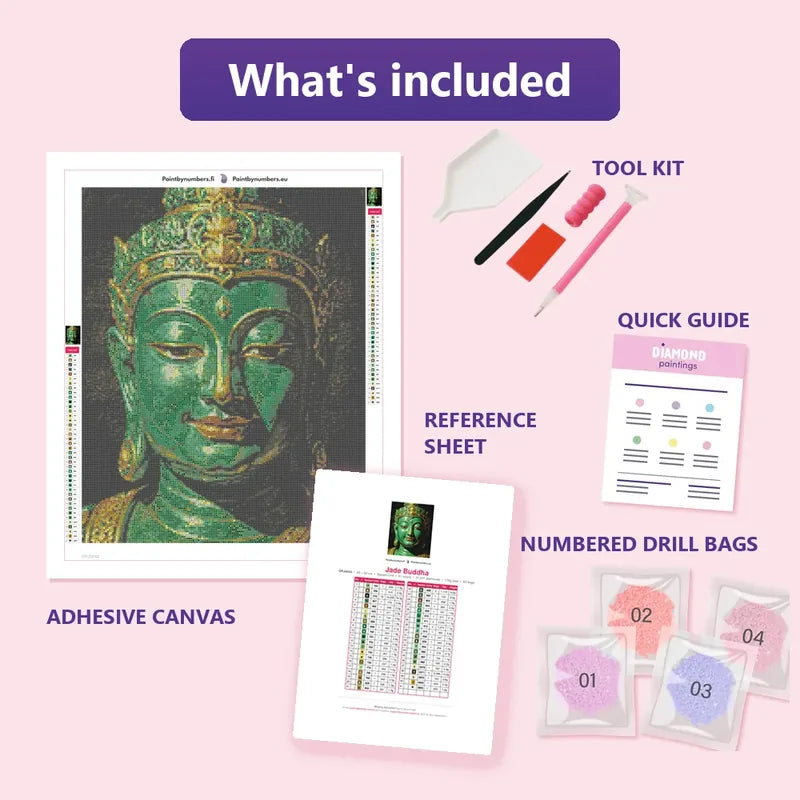 Jade Buddha 40x50cm diamond painting kit contents: adhesive canvas, color chart, tools and diamond bags