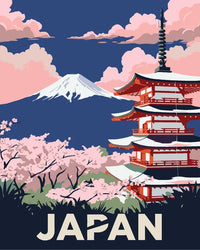 Thumbnail for Japan travel poster Paint By Numbers, temple, cherry blossoms and mountains