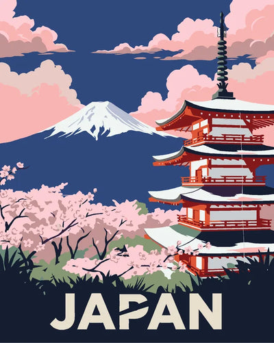 Japan travel poster Paint By Numbers, temple, cherry blossoms and mountains