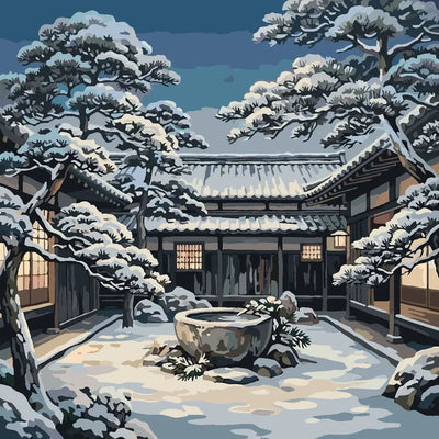 A Japanese courtyard on a snowy night Paint By Numbers.