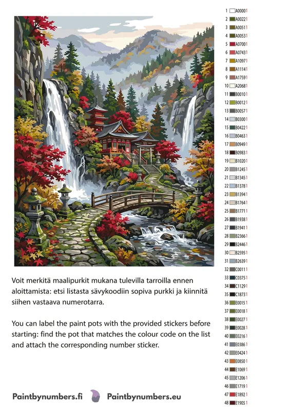 Paint color chart and instructions - Japanese Garden with Waterfalls 40x50cm