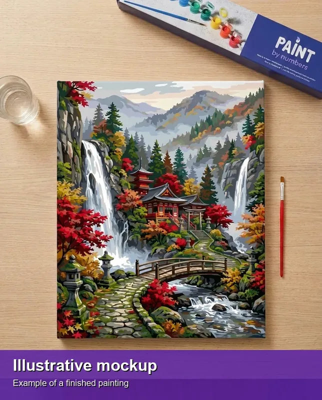 Finished paint by numbers mockup - Japanese Garden with Waterfalls 40x50cm