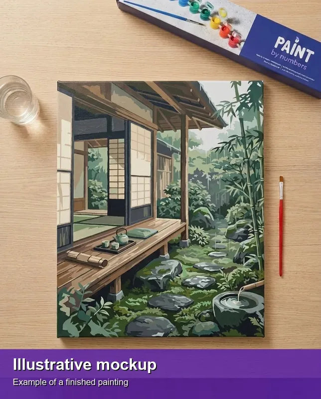 Illustration of the finished paint by numbers - Japanese House and Garden 40x50cm