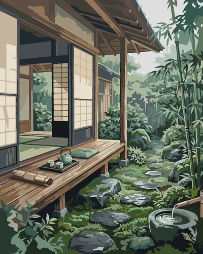 Japanese house and garden Paint By Numbers, stone path and bamboo.