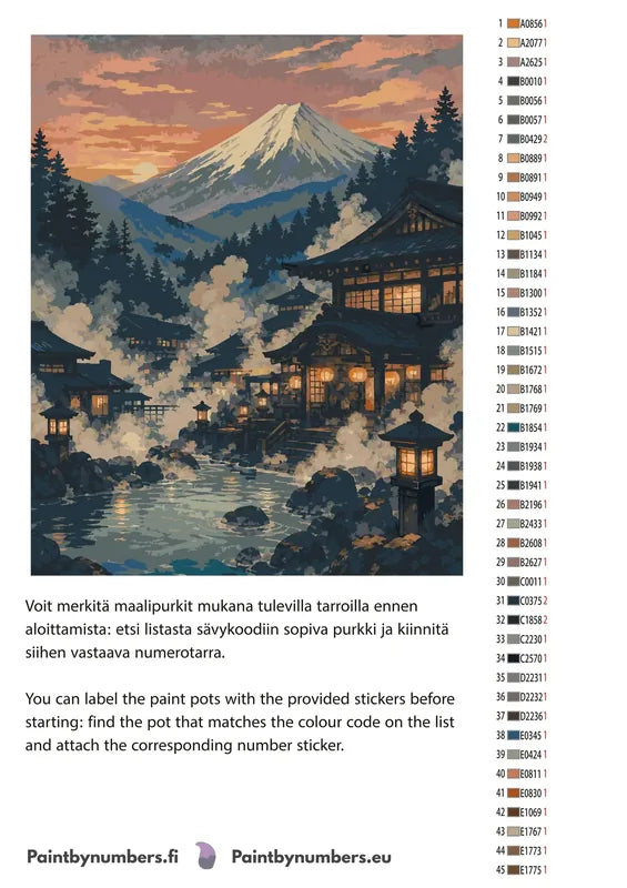 Paint color chart and instructions - Japanese Onsen and Mountain 40x50cm