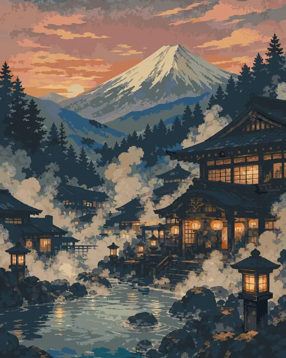 Japanese onsen, steaming water and mountain paint by numbers.
