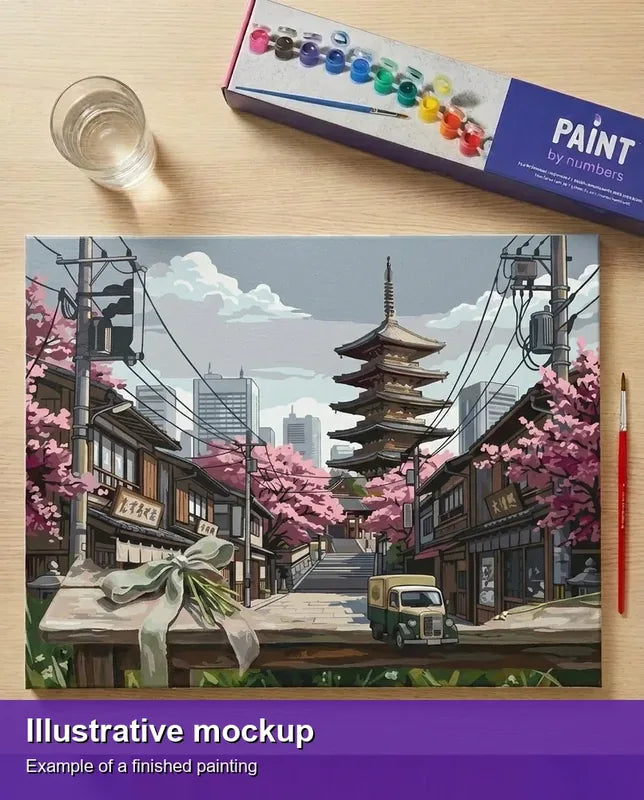 Illustration of the finished paint by numbers - Japanese Street with Pagoda 50x40cm