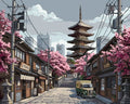 Thumbnail for Japanese street, pagoda, and cherry trees Paint By Numbers.