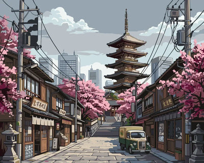 Japanese street, pagoda, and cherry trees Paint By Numbers.