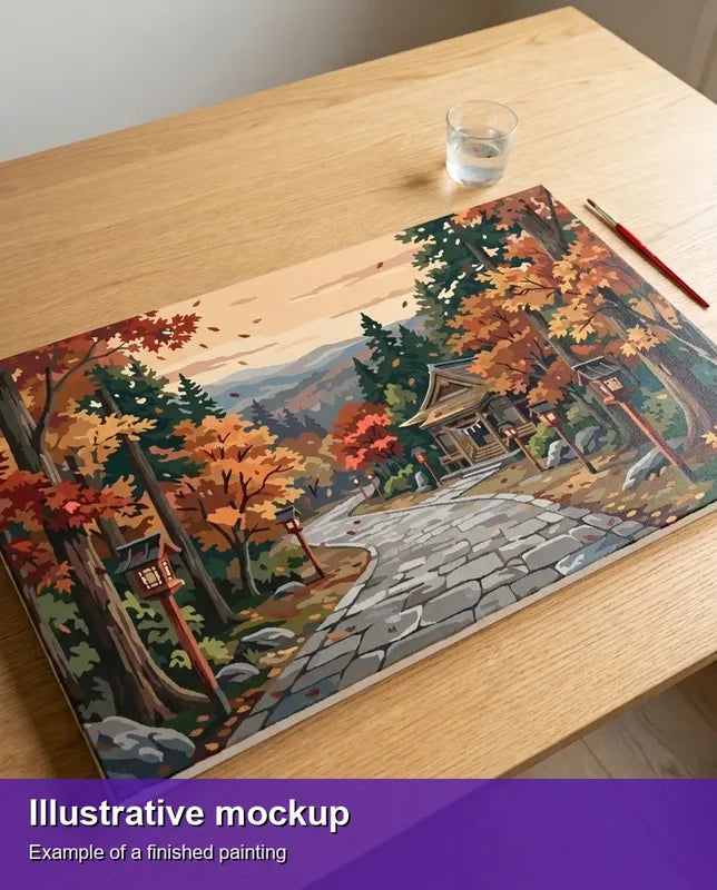 Illustration of the completed paint by numbers - Japanese Temple Autumn Path 70x40cm