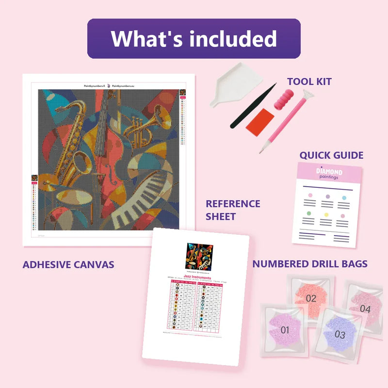 What is included in the Jazz Instruments diamond painting kit - adhesive canvas, reference sheet, tools and numbered drill bags