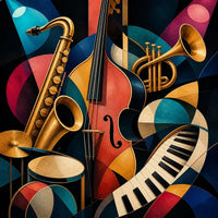 Thumbnail for Diamond Painting of abstract jazz instruments in a colorful, geometric composition.