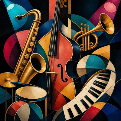 Diamond Painting of abstract jazz instruments in a colorful, geometric composition.