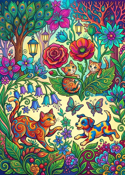 Diamond Painting of a magical garden with colorful cats, a dog, butterflies, and flowers.