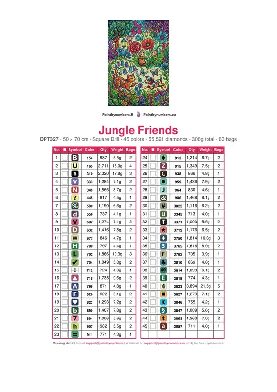 DMC color chart for Jungle Friends diamond painting - 45 colors