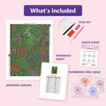 Thumbnail for What is included in the Jungle Path diamond painting kit - adhesive canvas, reference sheet, tools and numbered drill bags