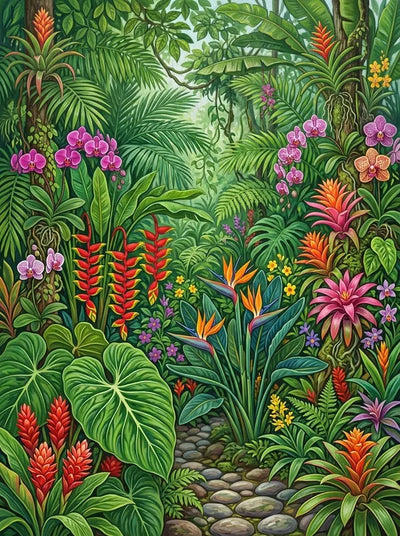 Diamond Painting of a tropical jungle with colorful flowers and lush green plants.