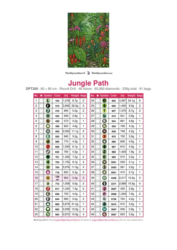 DMC color chart for Jungle Path diamond painting - 46 colors