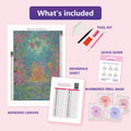 Thumbnail for What is included in the Jungle Skull With Flowers diamond painting kit - adhesive canvas, reference sheet, tools and numbered drill bags