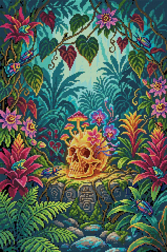 Jungle Skull With Flowers, 40x60 cm diamond painting – full design preview without the close-up inset