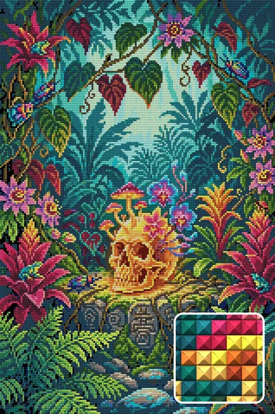 Jungle Skull With Flowers, 40x60 cm diamond painting – finished design preview with a close-up of square drills