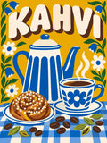 Thumbnail for Coffee pot, cup and bun paint by numbers. Retro patterned, colorful scene.