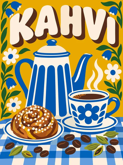 Coffee pot, cup and bun paint by numbers. Retro patterned, colorful scene.