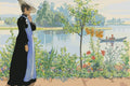 Thumbnail for Paint by numbers of Carl Larsson's Karin by the Shore: a woman in a hat beside a flower bed and a lake.