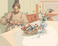 Thumbnail for Paint by numbers of Carl Larsson's painting of a woman peeling apples at a table beside flowers.