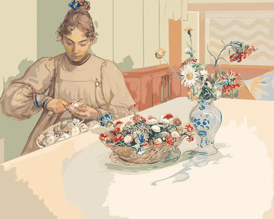 Paint by numbers of Carl Larsson's painting of a woman peeling apples at a table beside flowers.