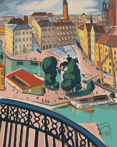 Paint by numbers of Grünewald's view over a Stockholm square with an equestrian statue, boats and an iron railing