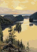 Thumbnail for Paint by numbers of Edelfelt's painting showing a spruce-lined strait reflecting a yellow sunset sky.