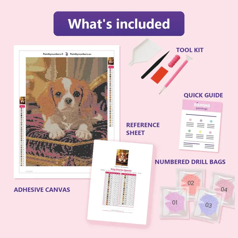 King Charles Spaniel 30x40cm diamond painting kit contents: adhesive canvas, color chart, tools and diamond bags