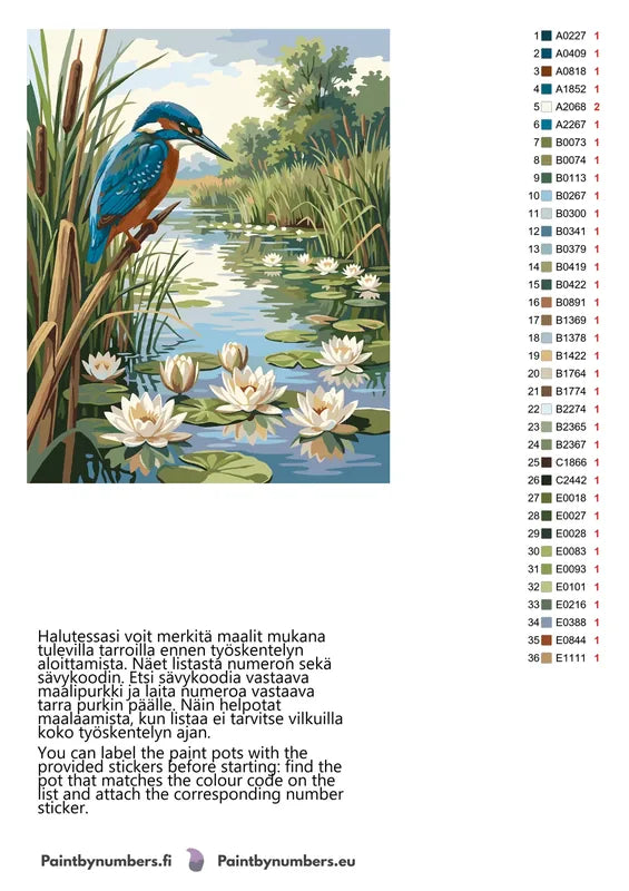 Paint color chart and instructions - Kingfisher and Water Lilies 40x50cm