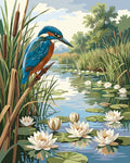 Thumbnail for Kingfisher sits among reeds by water with lilies – paint by numbers.