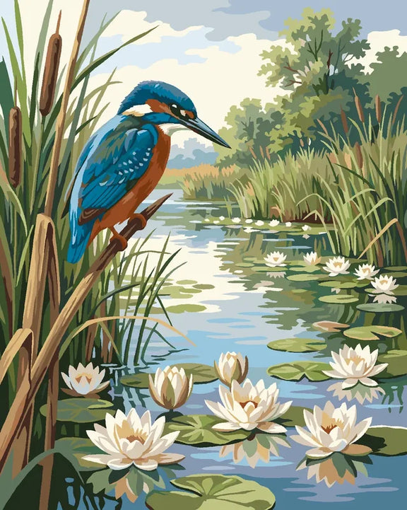 Kingfisher sits among reeds by water with lilies – paint by numbers.