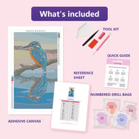 Thumbnail for Kingfisher 40x70cm diamond painting kit contents: adhesive canvas, color chart, tools and diamond bags