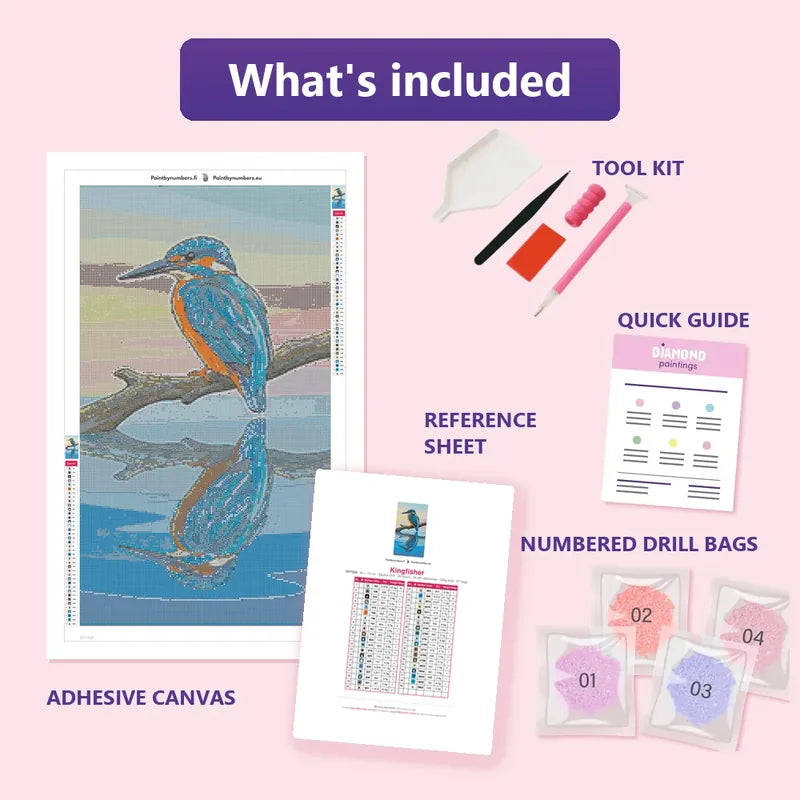 Kingfisher 40x70cm diamond painting kit contents: adhesive canvas, color chart, tools and diamond bags