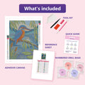 Thumbnail for What is included in the Kingfisher Pond diamond painting kit - adhesive canvas, reference sheet, tools and numbered drill bags