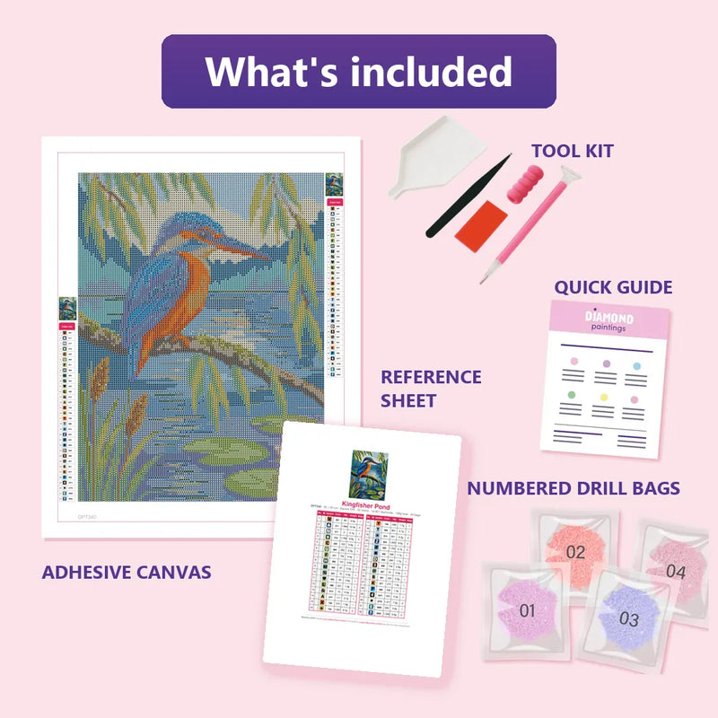 What is included in the Kingfisher Pond diamond painting kit - adhesive canvas, reference sheet, tools and numbered drill bags